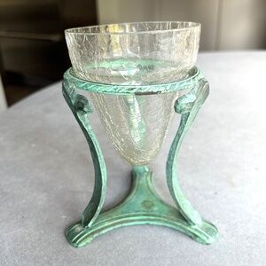 Vintage Crackle Glass Candle Holder on a Metal Green Patina Pedestal Stand